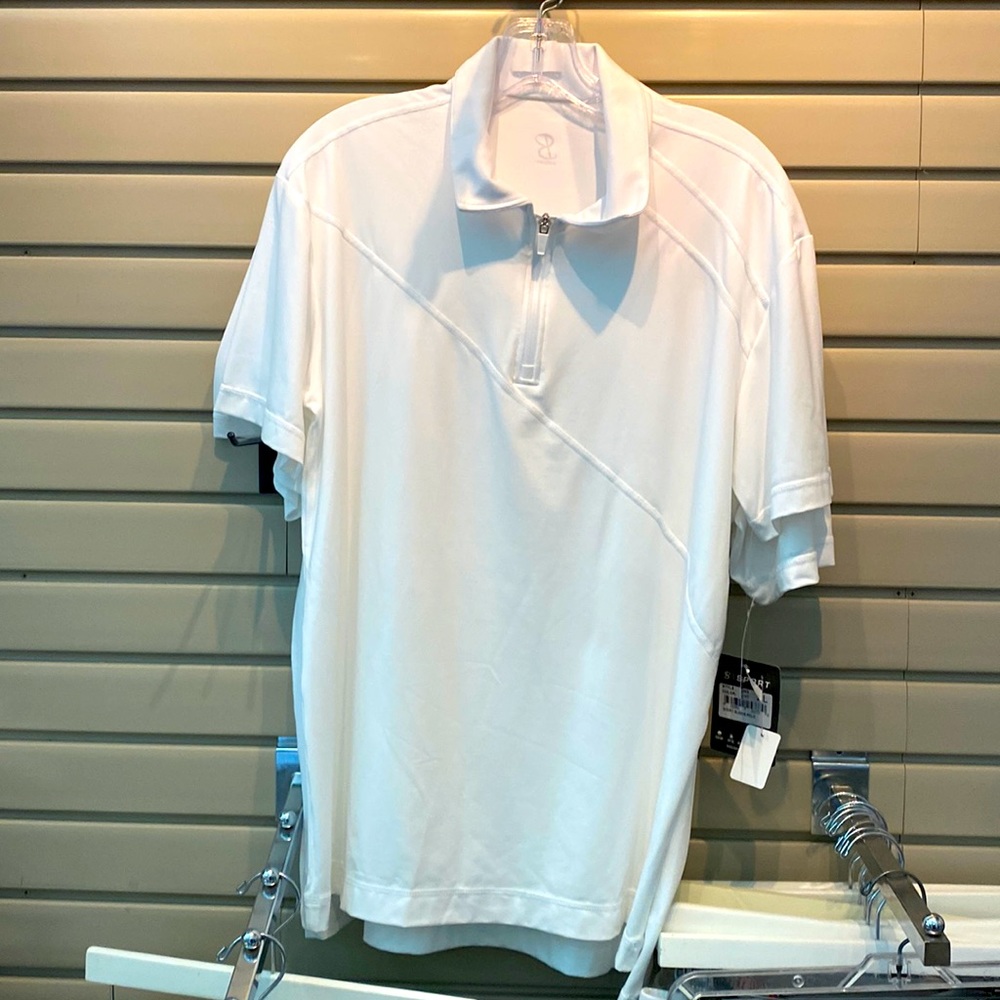 White men’s short sleeve polo with zipper
